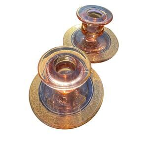 Vintage Pink Depression Glass Candle Holders Gold Rims